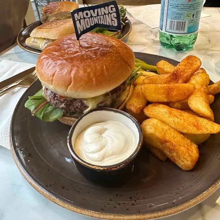 Ada’s gourmet burger on a bun with cheese and lettuce, served with thick potato wedges and dip.